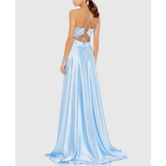 IEENA MAC DUGGAL Powder Blue Satin Strappy-Back High Slit Gown Size 6 - Picture 2 of 9